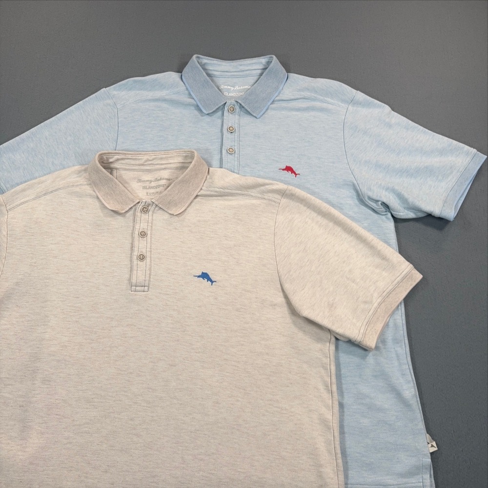 Tommy Bahama IslandZone Supima Polo Shirt Bundle Mens Medium Blue Beige 2 Pack